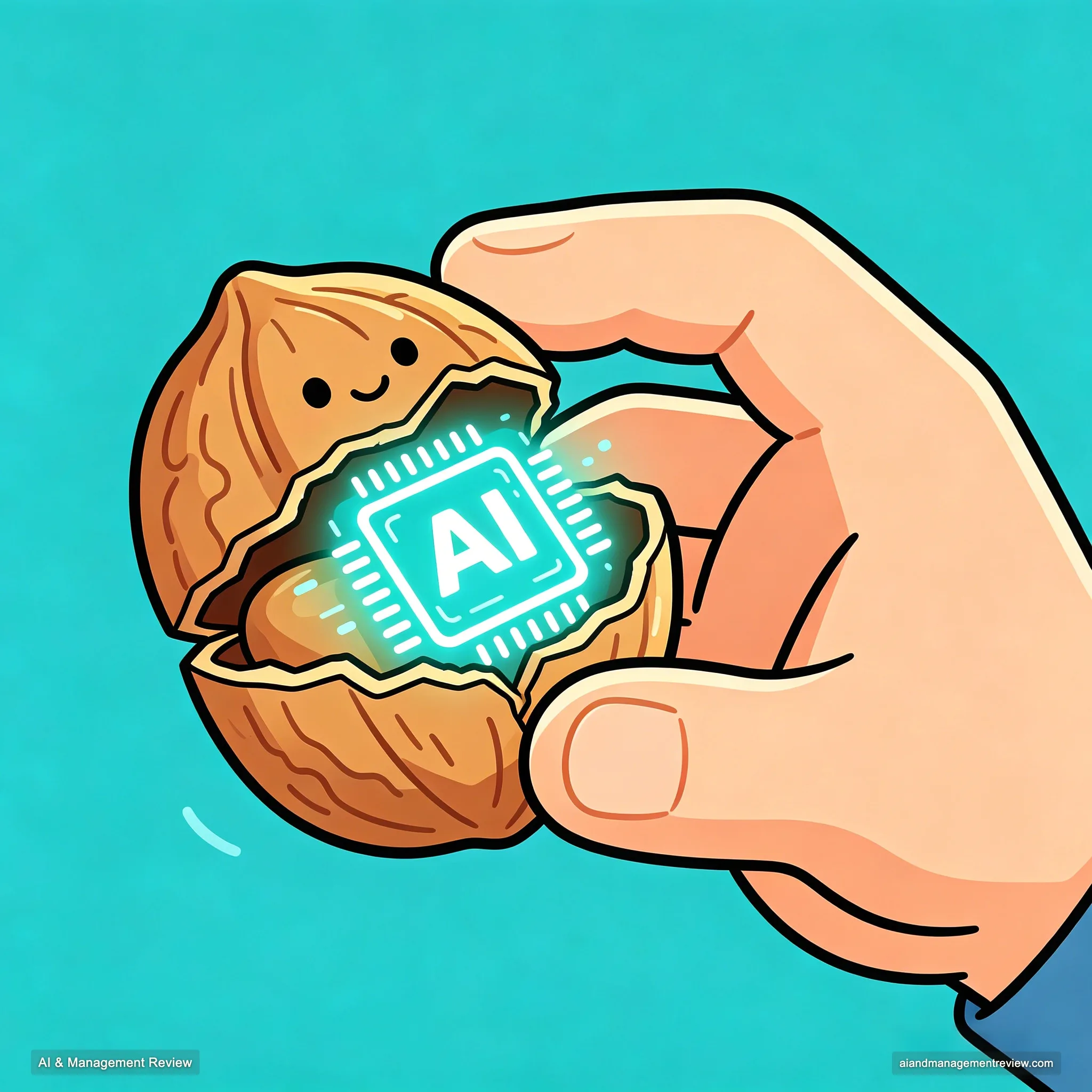 A hand opening a walnut to reveal an AI chip