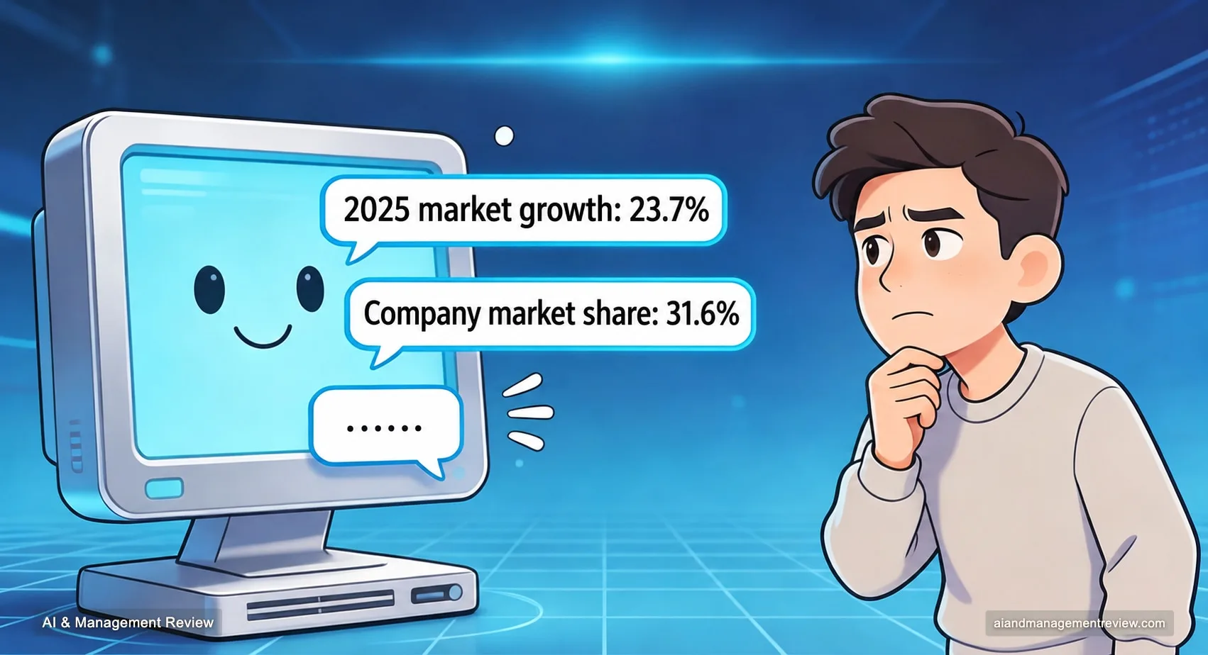 A computer offering precise-looking figures while a manager remains skeptical
