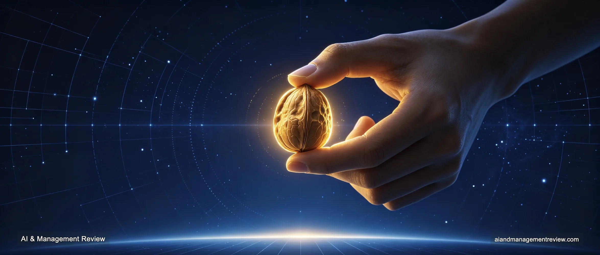 A hand holding a glowing walnut