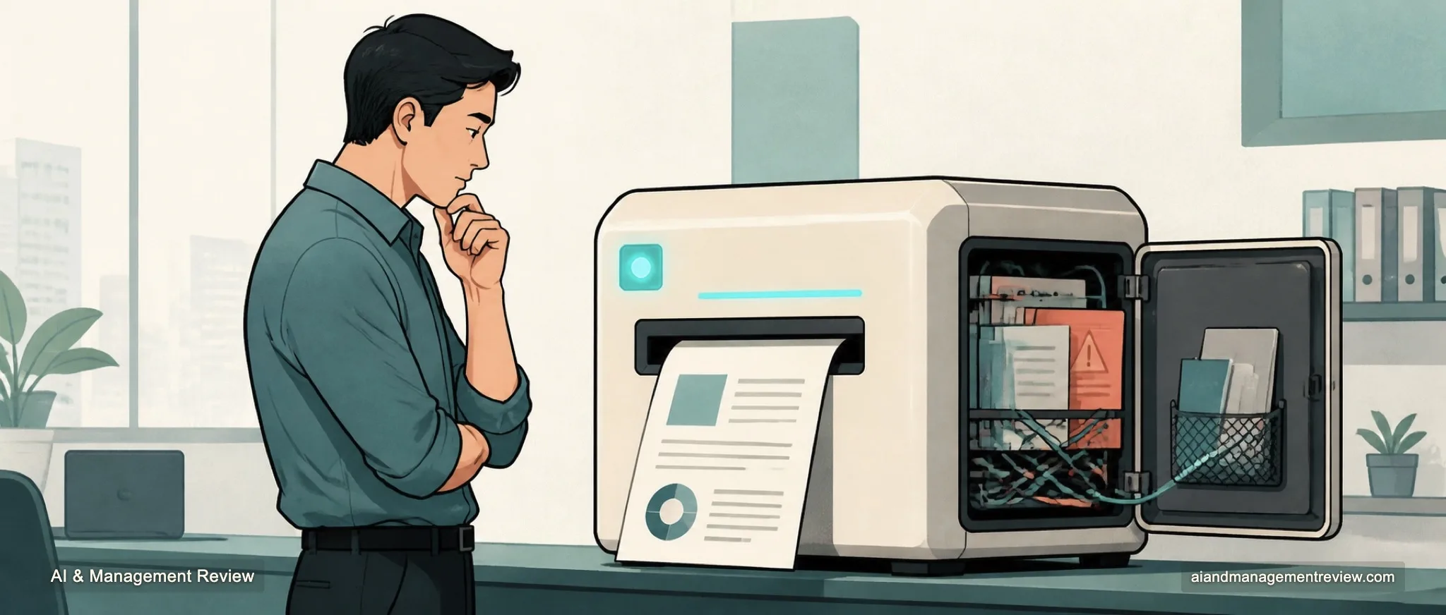 A manager reviewing an AI-built output and its unfinished inner workings