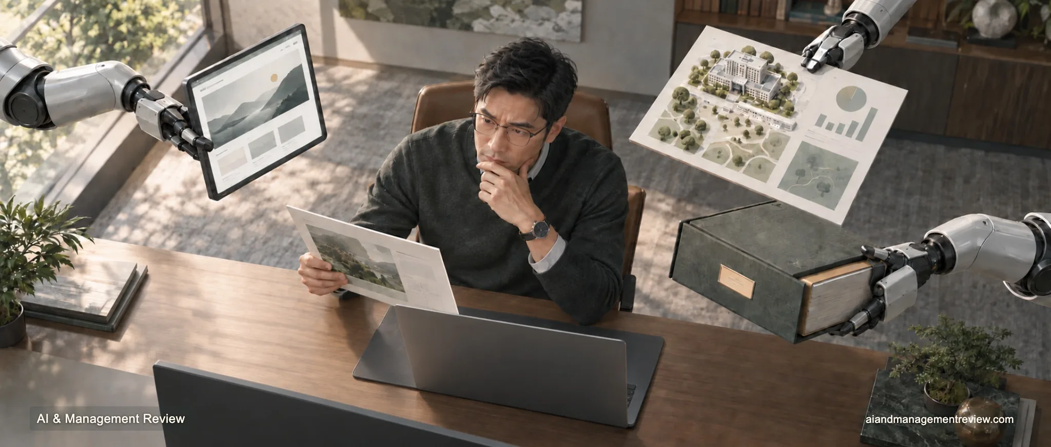 A manager reviewing work presented by several AI assistants